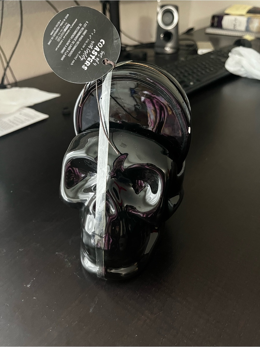 Glossy Black Skull Coasters & Caddy